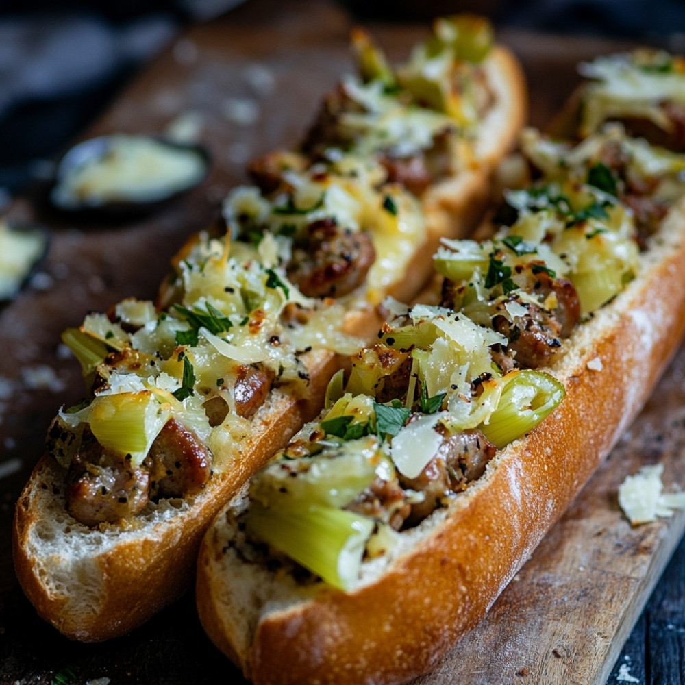 Baguette aux saucisses, poireaux et fromage à la crème