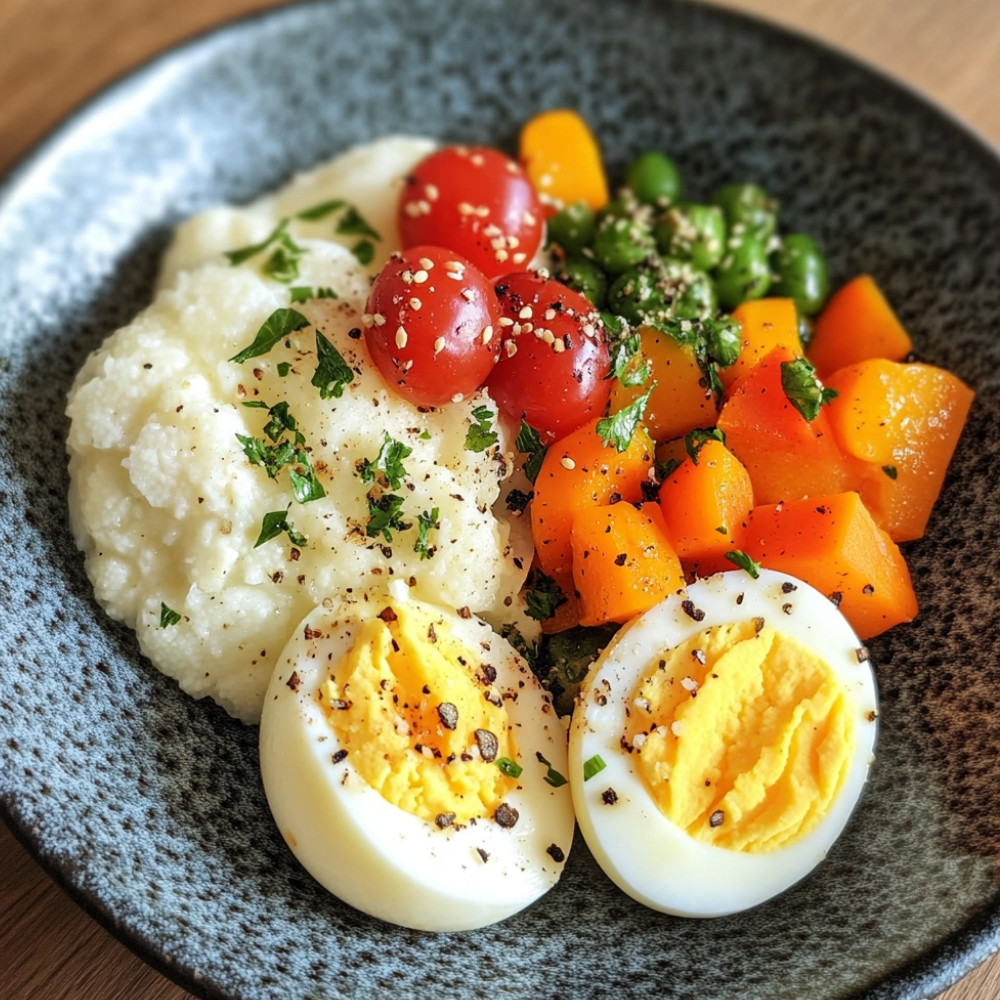 Bols aux œufs mollets, légumes rôtis et riz de chou-fleur