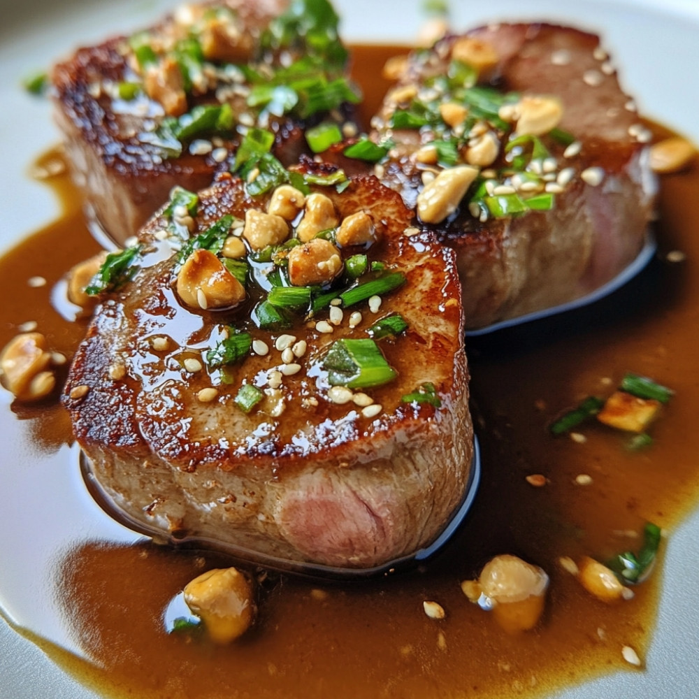 Côtelettes de longe de veau marinées au tamari, sauce aux arachides