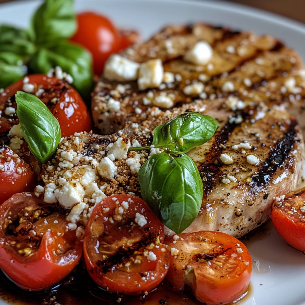 Côtelettes de porc en croûte, salade de tomates et feta