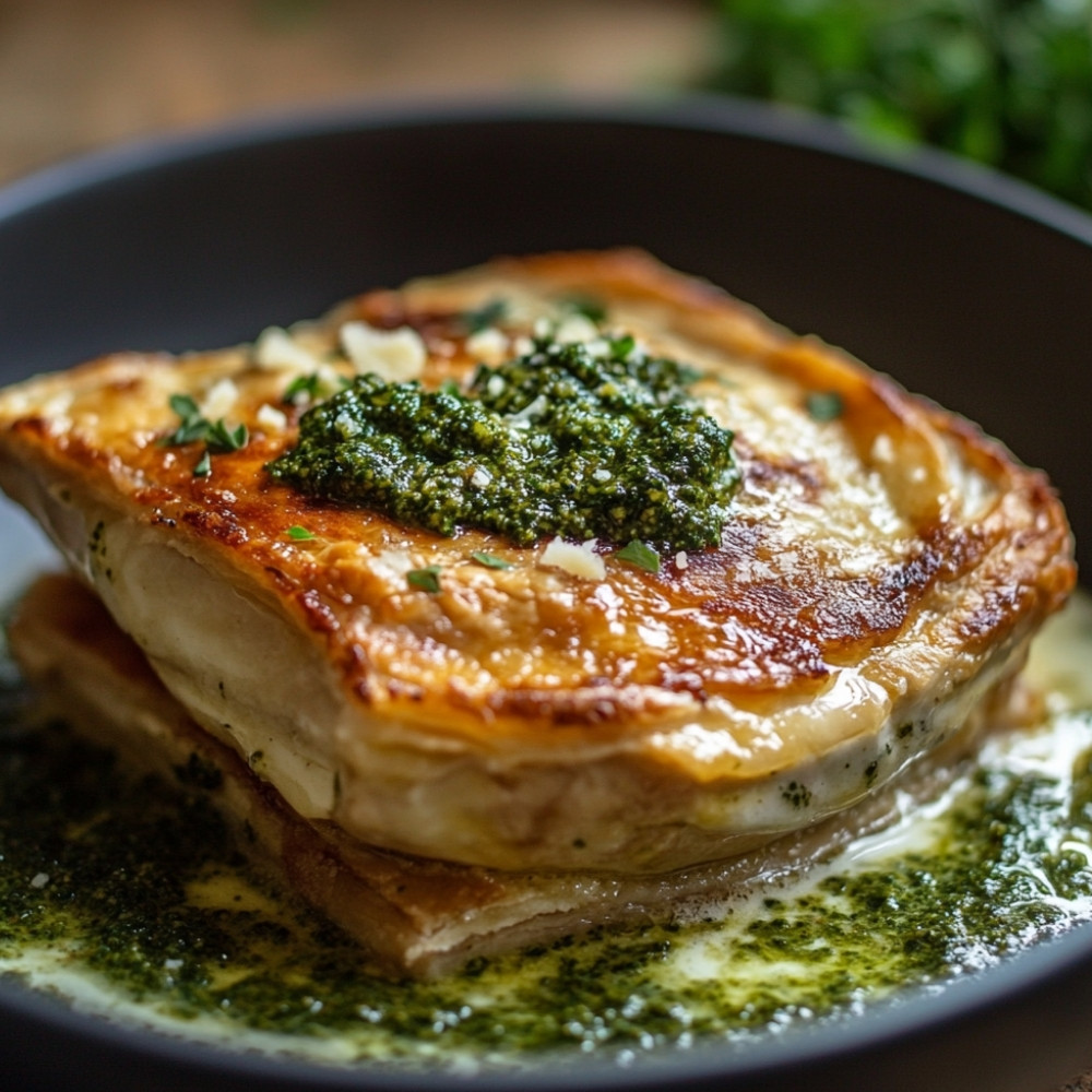 Côtes de veau en croûte, sauce crémeuse au pesto