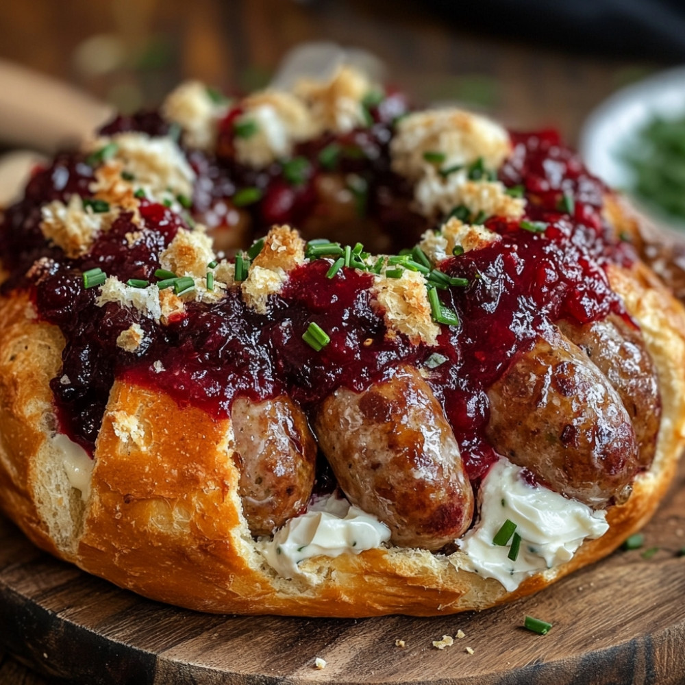 Couronne de pain aux saucisses sauce aux canneberges