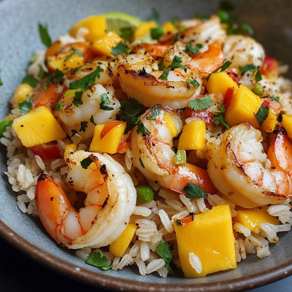 Crevettes grillées sur salade de riz et mangue