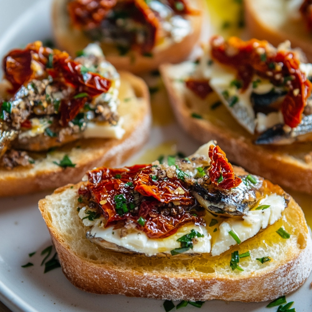 Crostinis avec feta fouettée, sardines et tomates confites