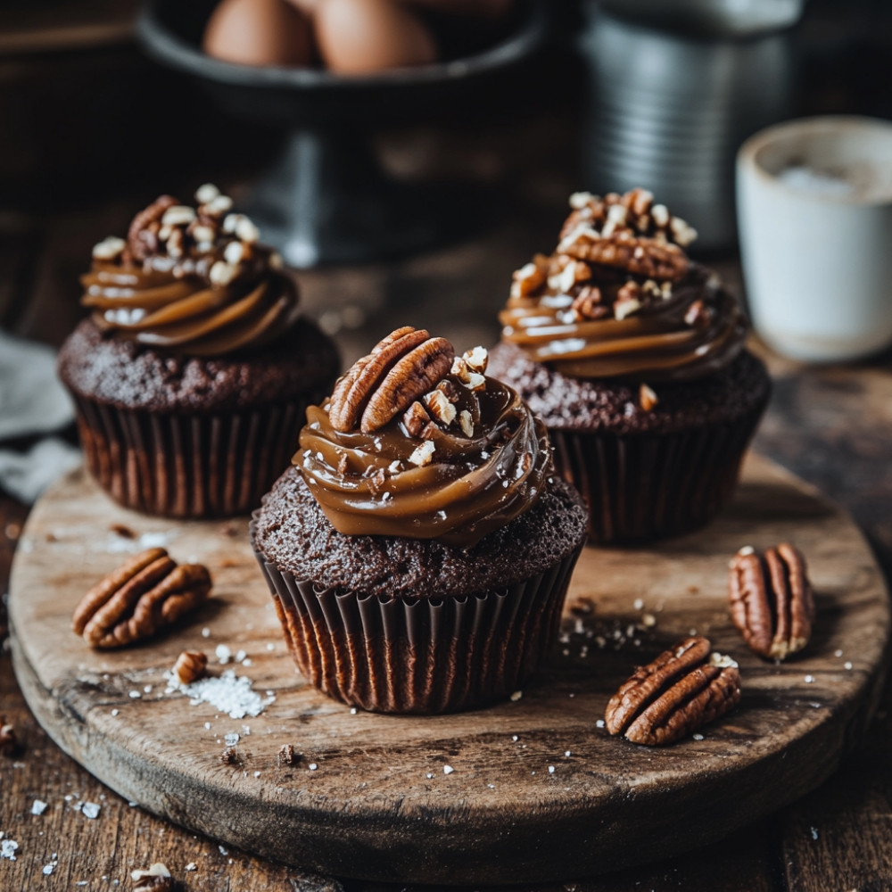 Cupcakes au chocolat, caramel et pacanes