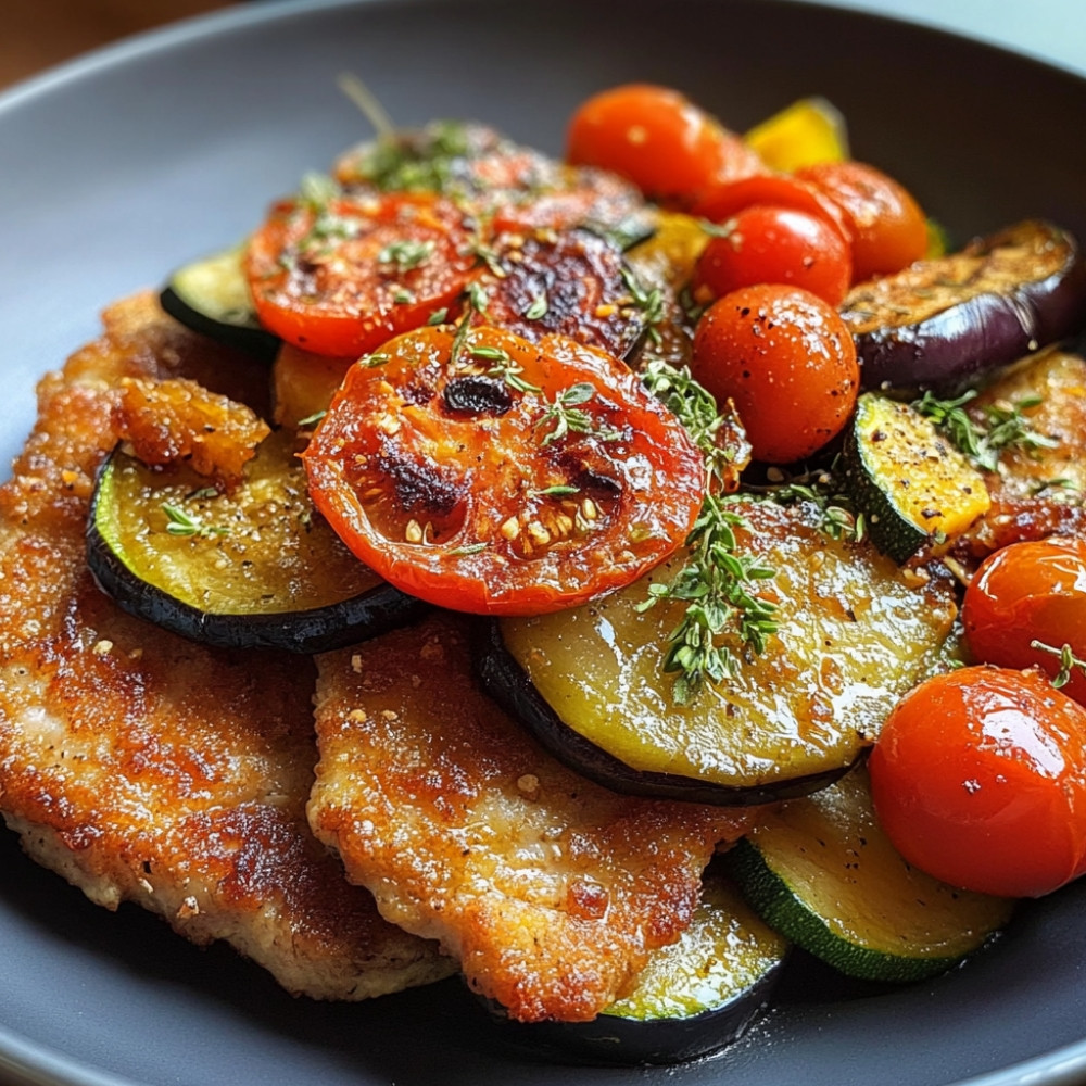 Escalopes de veau et légumes rôtis