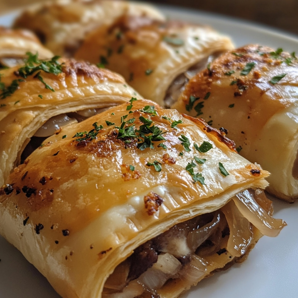 Feuilletés roulés à l'effiloché de canard, oignons confits et brie