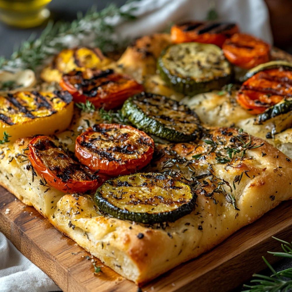 Focaccia maison à l'huile de cameline torréfiée et légumes grillés