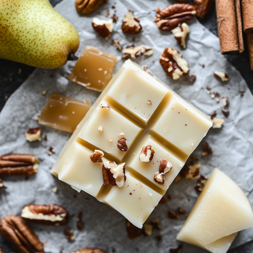 Fudge au chocolat blanc, pacanes et caramel à la poire