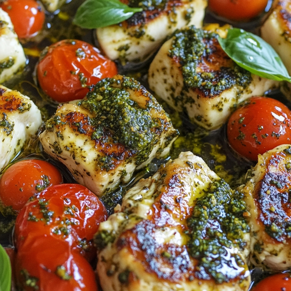 Hauts de cuisses au pesto, tomates et halloumi