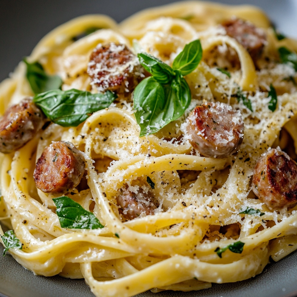 Linguines crémeux à la saucisse croustillante