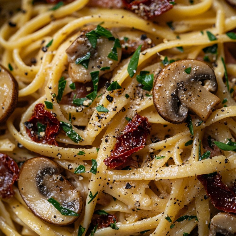 Linguines frais aux champignons, tomates séchées et pancetta