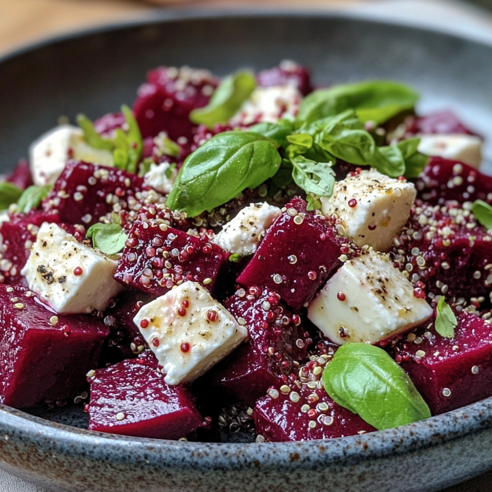 Longe d'agneau sur salade de quinoa et betteraves avec feta fouettée