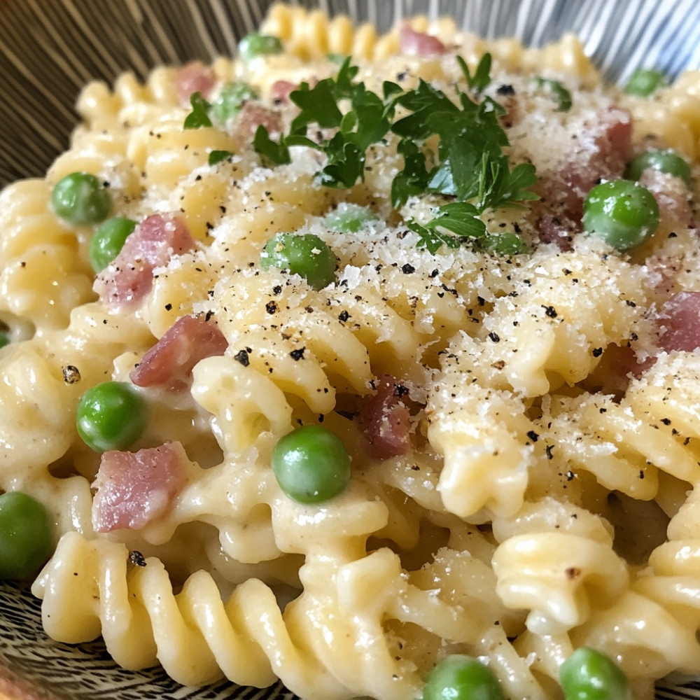 One pot de fusillis crémeux à la pancetta et aux petits pois