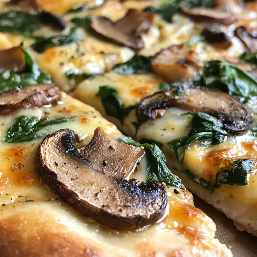 Pizza aux épinards, cheddar fort et champignons sautés