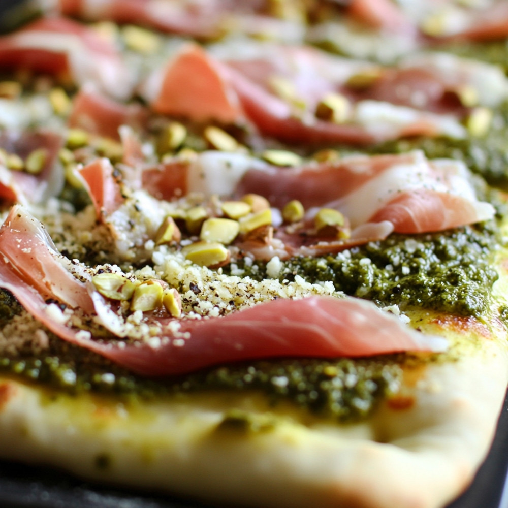 Pizzas au pesto de pistaches et prosciutto