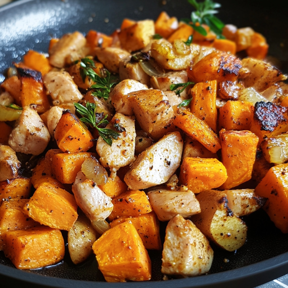 Poêlée de poulet haché et patates douces