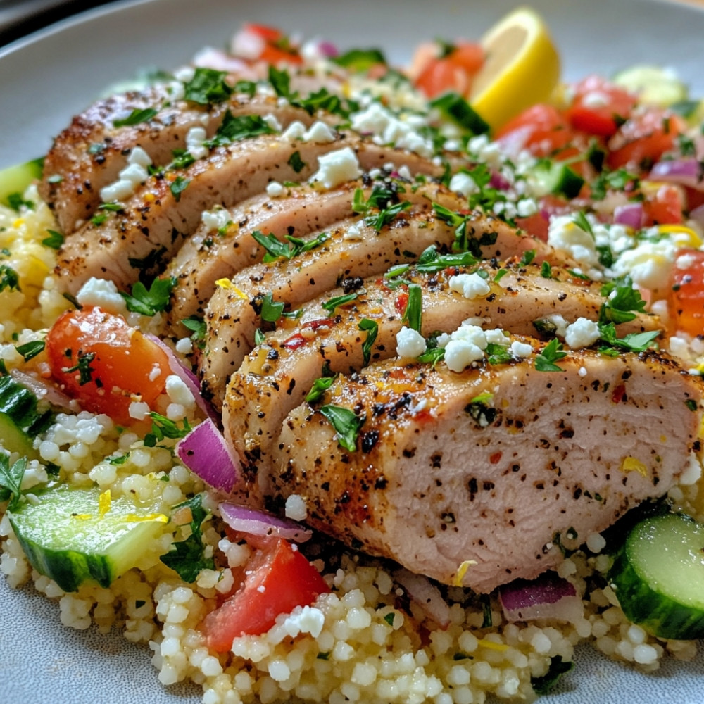 Porc assaisonné à la grecque avec couscous au citron