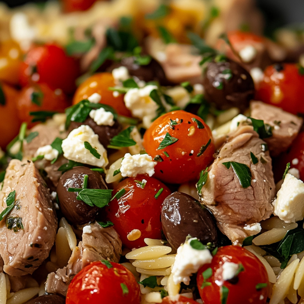 Porc mariné à l'italienne, orzo, feta et olives