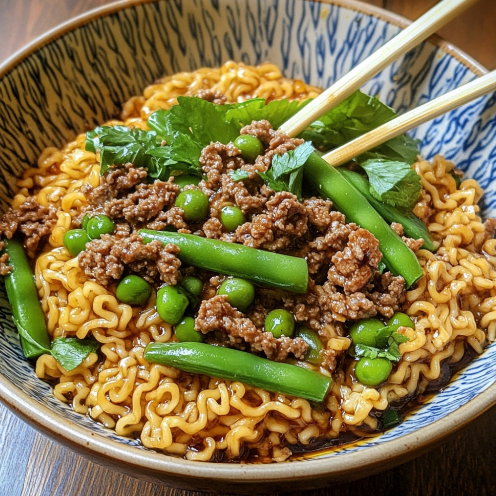 Ramen au boeuf haché et pois sucrés