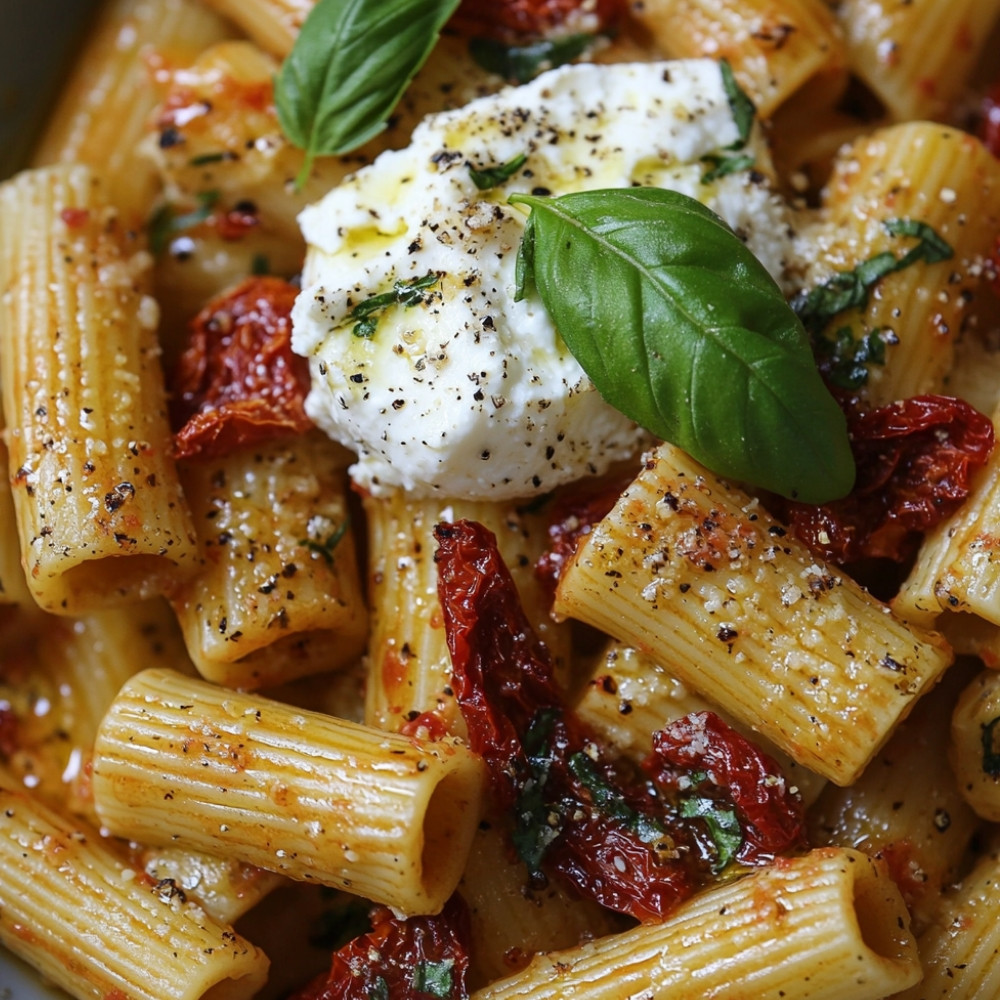 Rigatoni aux tomates confites et burrata