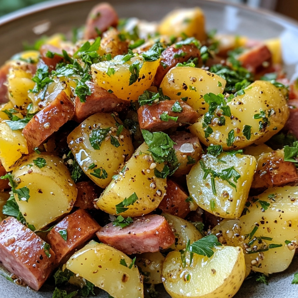 Salade de pommes de terre avec saucisse et vinaigrette à la moutarde à grains