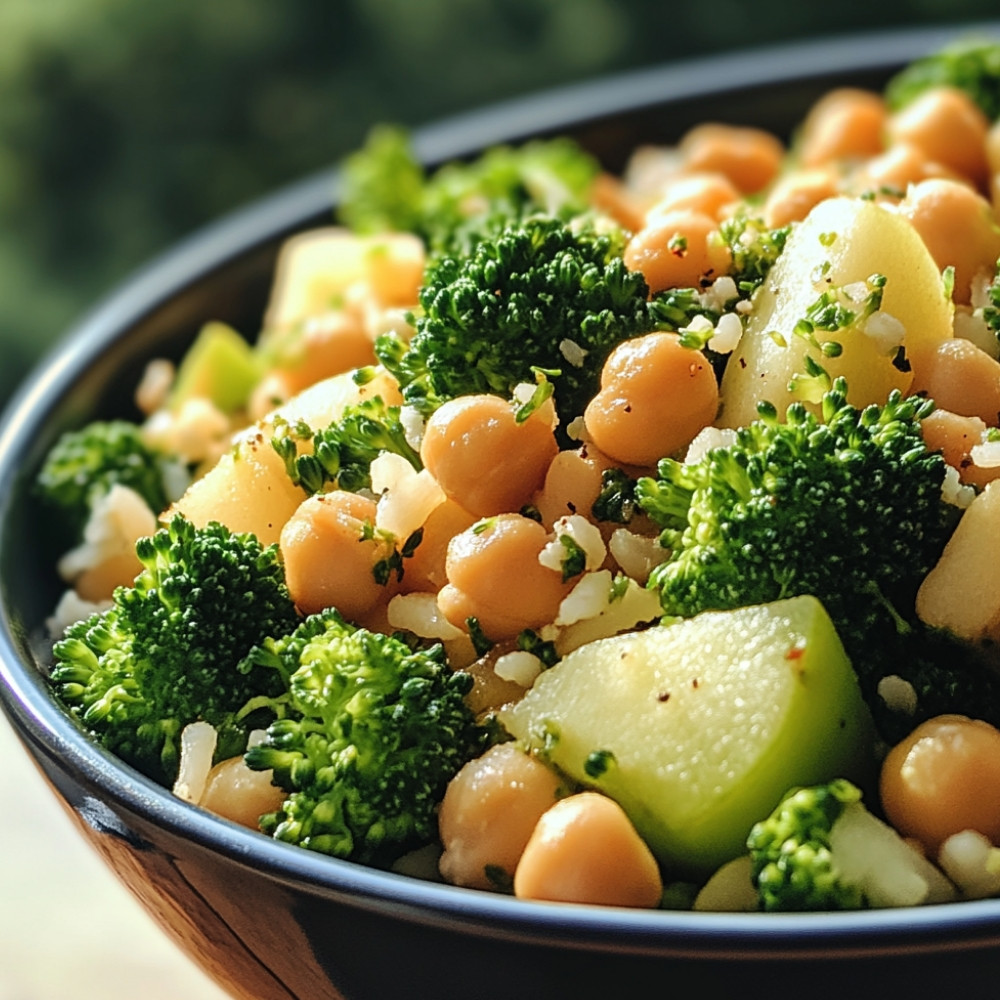 Salade de riz, pois chiches, brocoli et pommes