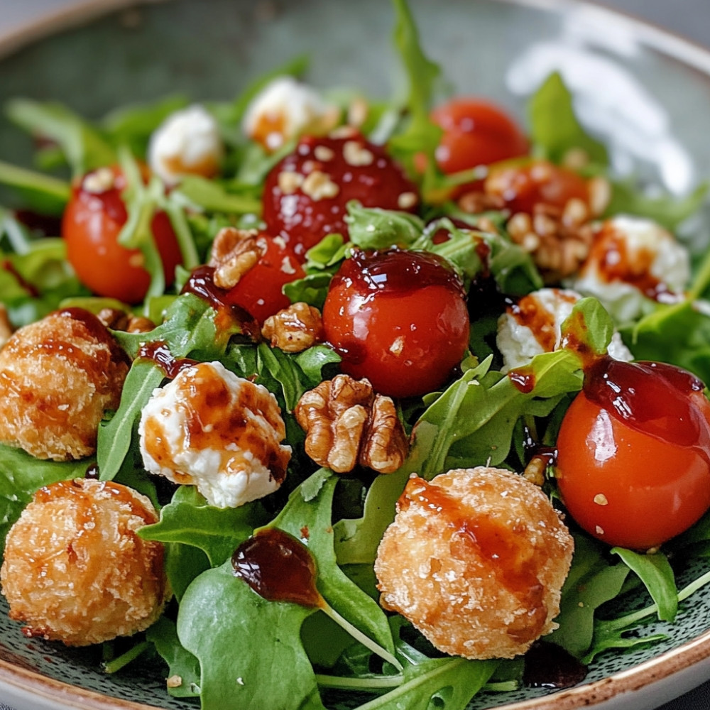 Salade garnie de boules de chèvre frites, vinaigrette au caramel framboises