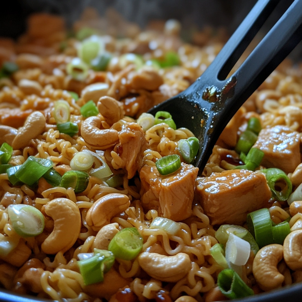 Sauté de ramens au poulet, miel et cajou