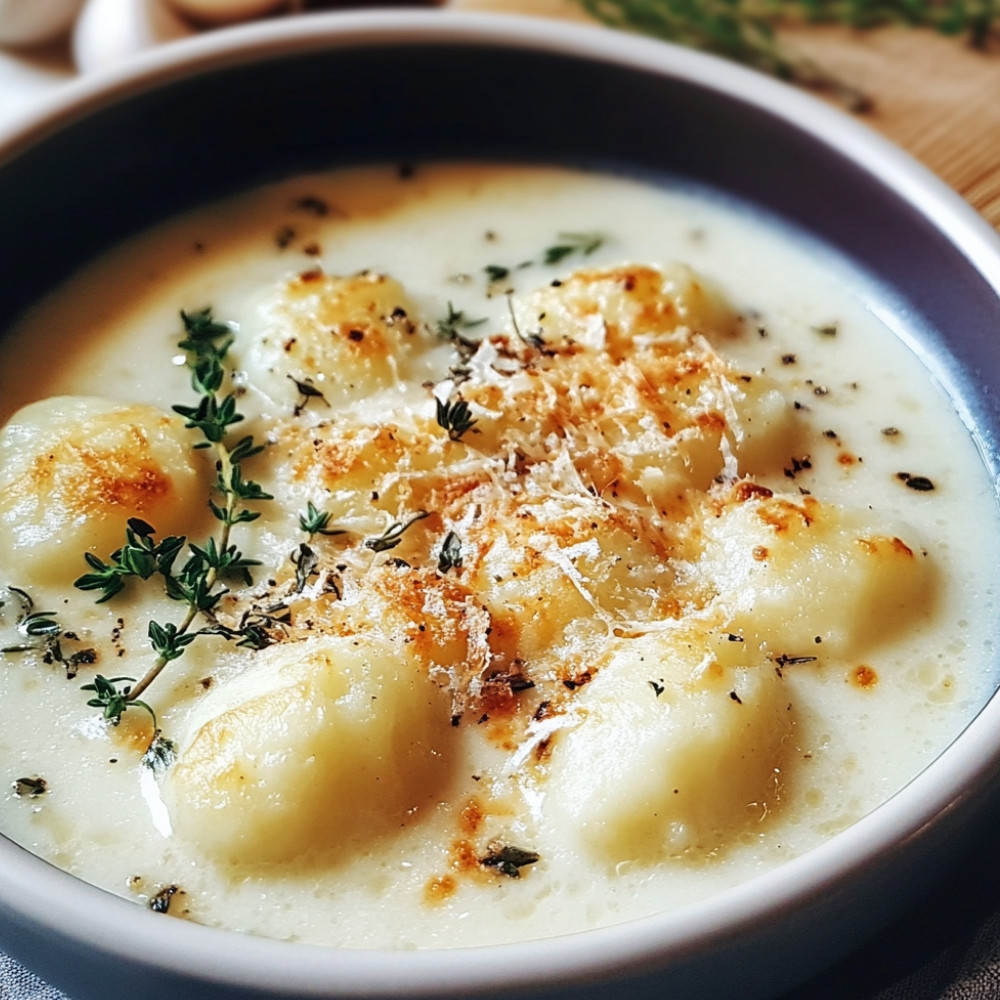 Soupe à l'oignon et gnocchis gratinée