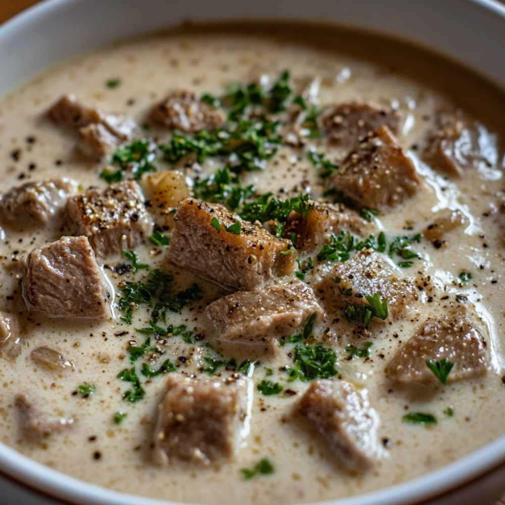 Soupe crémeuse aux cubes de veau