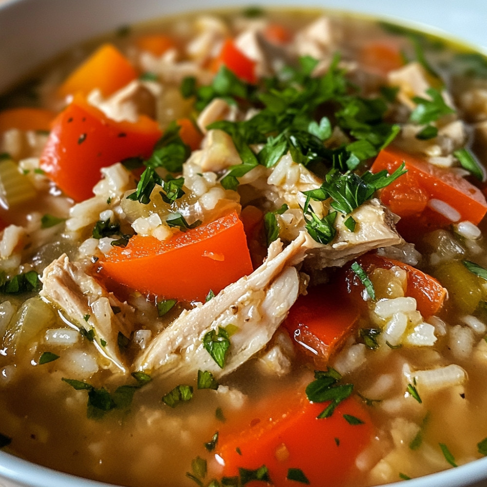 Soupe repas à la dinde, riz et poivrons