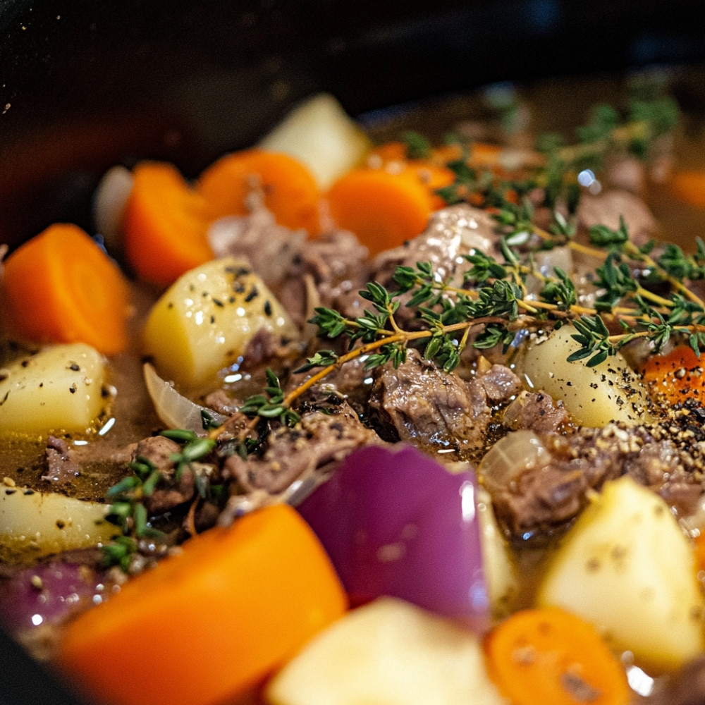 Soupe style ragoût de bœuf et légumes à la mijoteuse