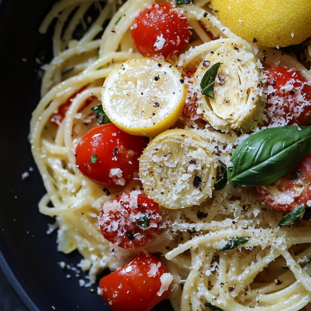 Spaghettis au citron, tomates et artichauts