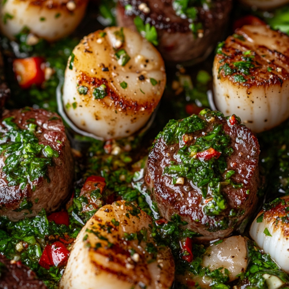 Surf and turf boeuf et pétoncles au chimichurri