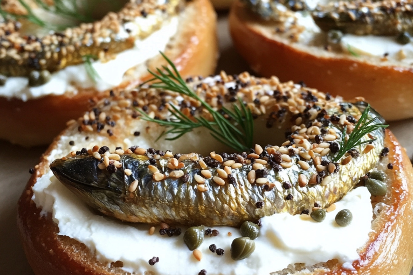 Bagels aux sardines, fromage à la crème et câpres