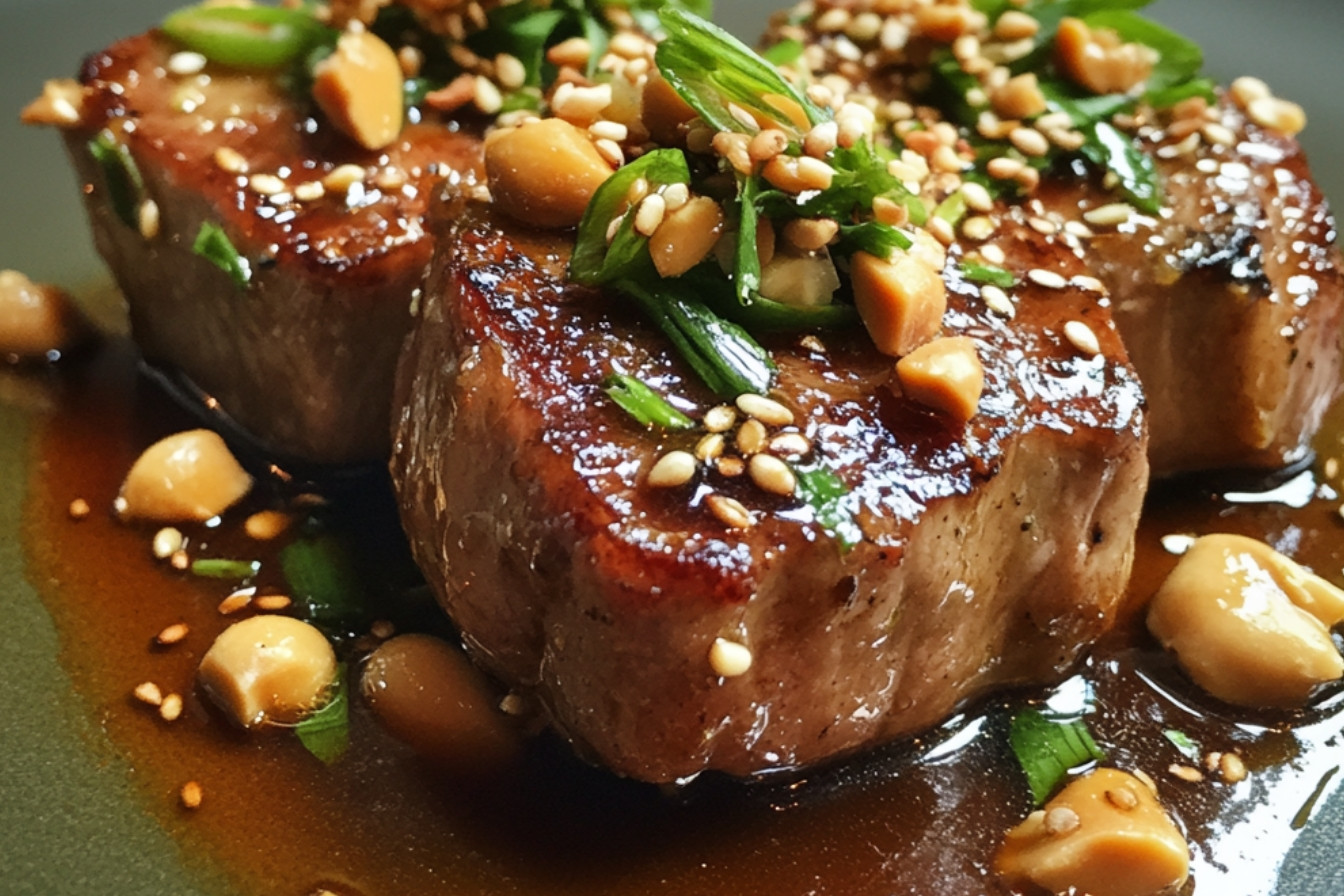 Côtelettes de longe de veau marinées au tamari, sauce aux arachides