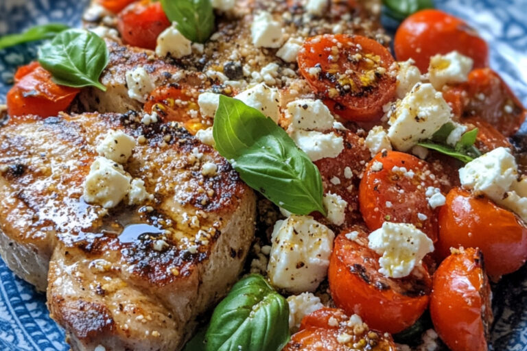 Côtelettes de porc en croûte, salade de tomates et feta