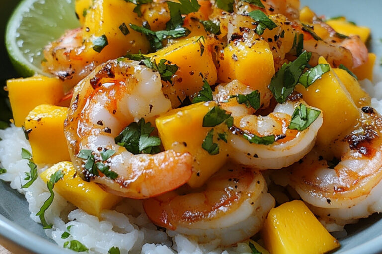 Crevettes grillées sur salade de riz et mangue