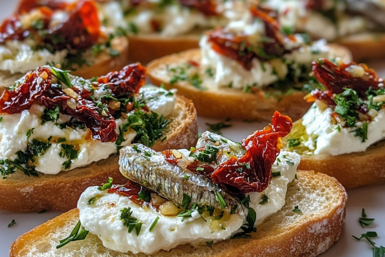 Crostinis avec feta fouettée, sardines et tomates confites