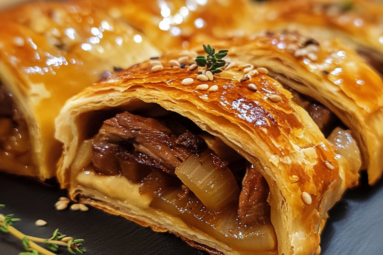 Feuilletés roulés à l'effiloché de canard, oignons confits et brie