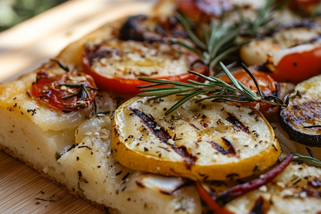 Focaccia maison à l'huile de cameline torréfiée et légumes grillés