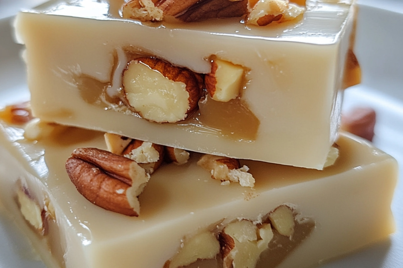 Fudge au chocolat blanc, pacanes et caramel à la poire