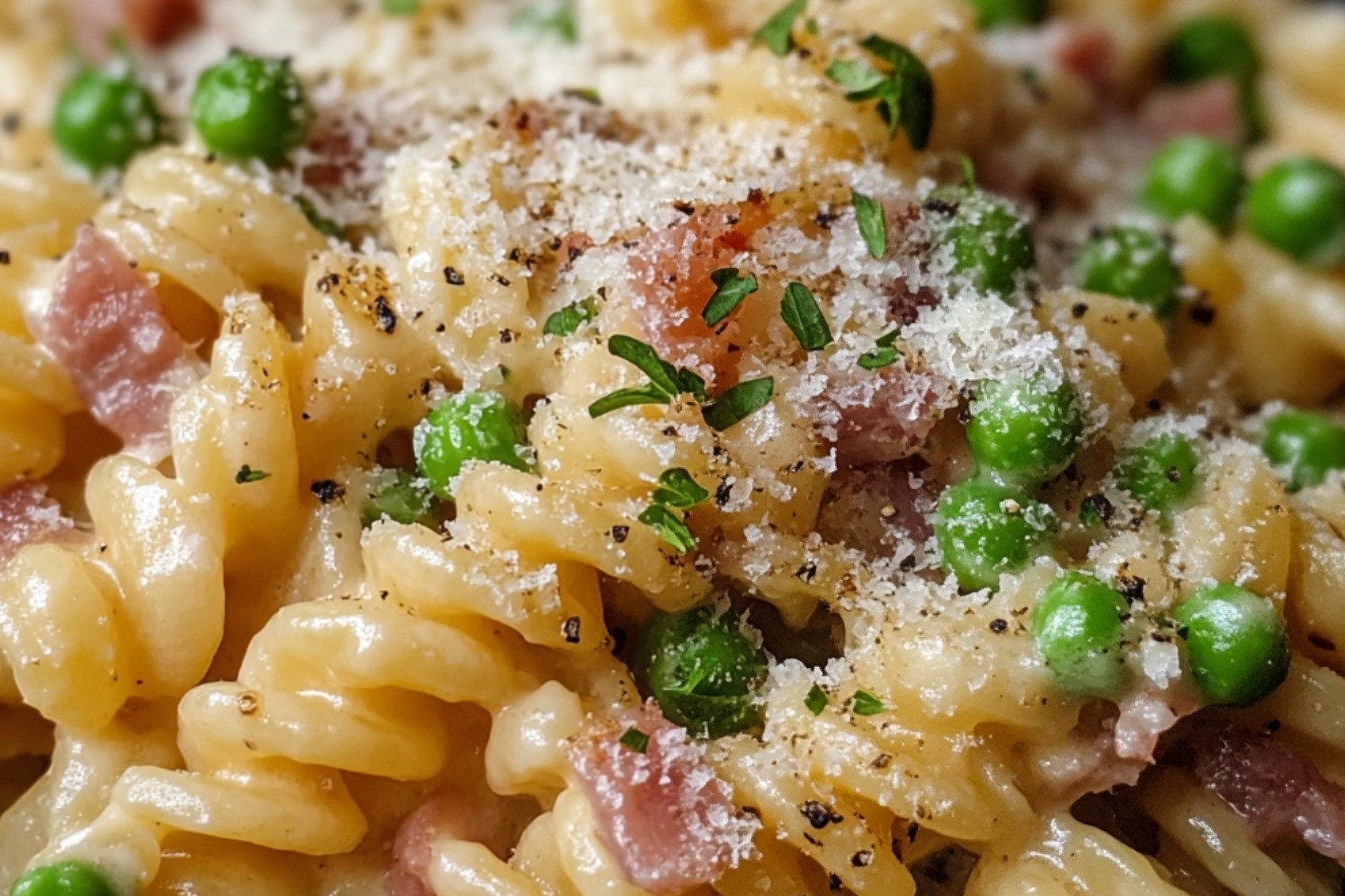 One pot de fusillis crémeux à la pancetta et aux petits pois