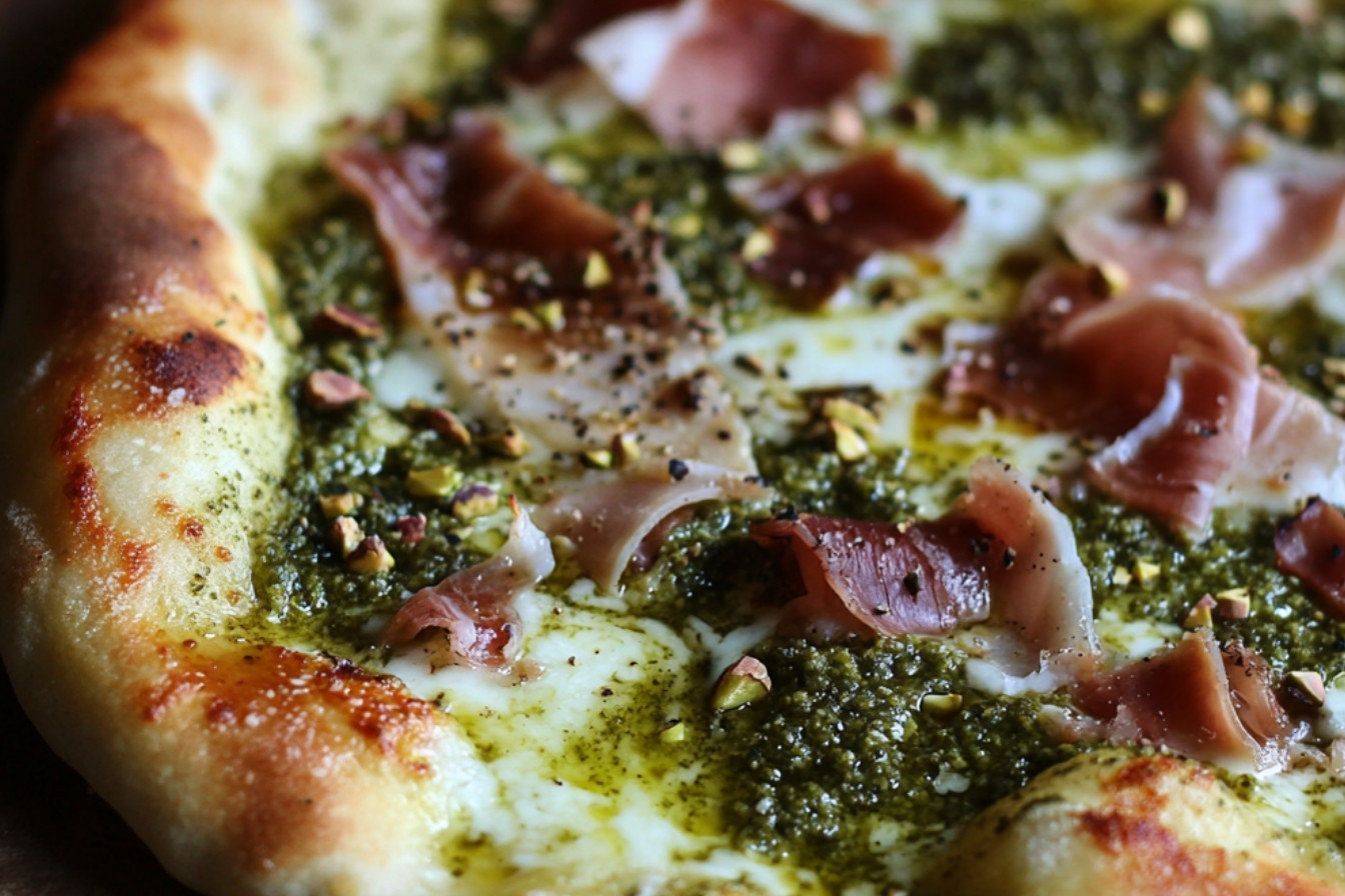 Pizzas au pesto de pistaches et prosciutto