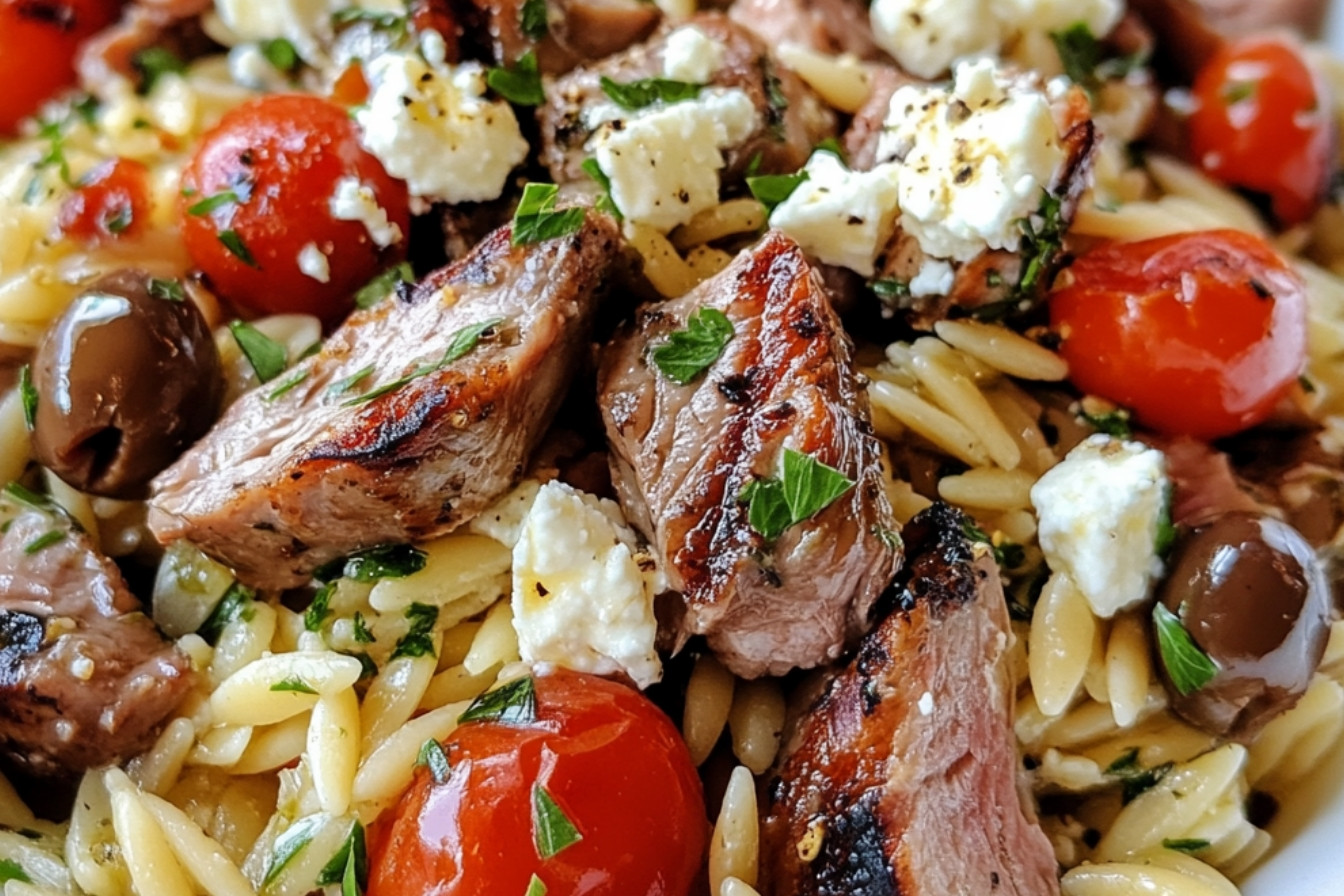 Porc mariné à l'italienne, orzo, feta et olives