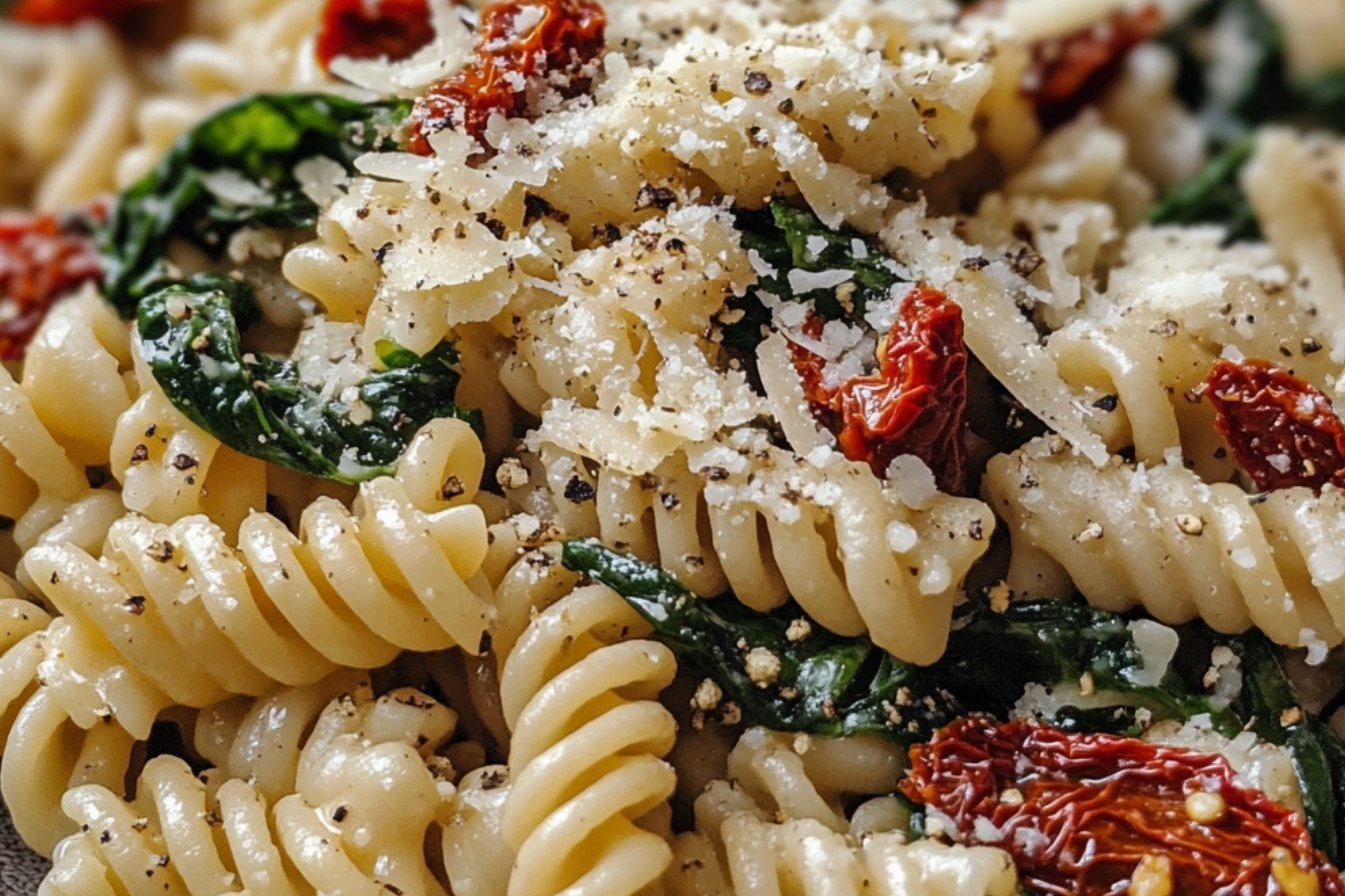 Salade de pâtes aux épinards, fromage et tomates séchées