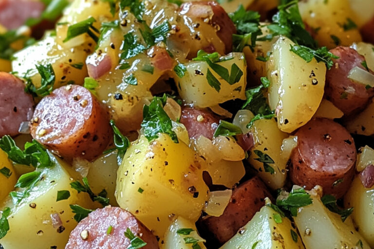 Salade de pommes de terre avec saucisse et vinaigrette à la moutarde à grains