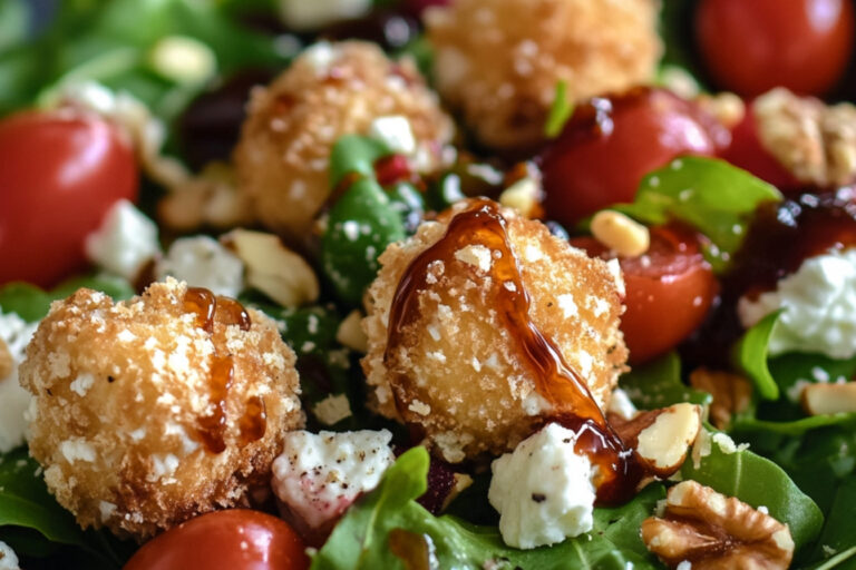 Salade garnie de boules de chèvre frites, vinaigrette au caramel framboises