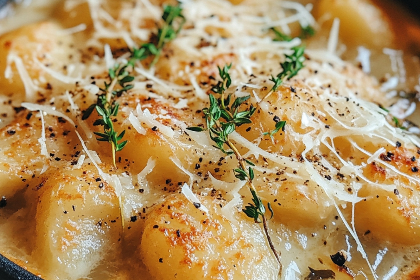 Soupe à l'oignon et gnocchis gratinée